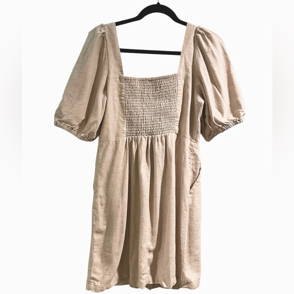 Old Navy Linen Blend Puff Sleeve Button Natural Tan Khaki Mini Dress Small NWT - Picture 3 of 6